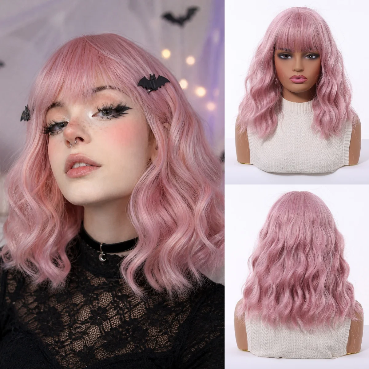 Pink Wavy Bob Wig with Bangs 14 Inch Heat Resistant Synthetic Hair for Women Halloween Cosplay Party Costume Wig