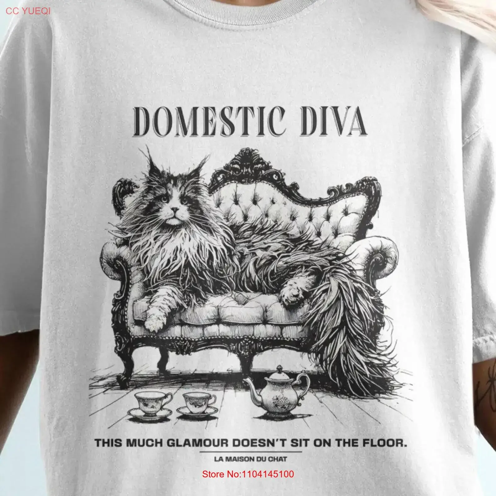 Inländisches Diva-Katzen-T-Shirt, Maine Coon, Doodle-Kunststil, lustig für Liebhaber, La Maison du Chat, Vintage, gewaschen, Unisex