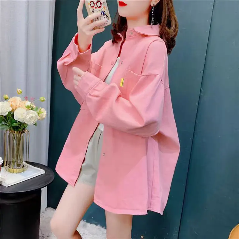 

Early Spring Women's Loose Denim Shirt Casual Style Long Sleeve Button up Coat Warm Organic Cotton Blend Fashionable Top