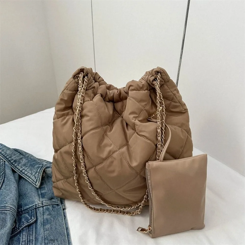 

Korean Style Drawstring Shoulder Bag Checkered Solid Color Puffy Bag Lightweight Large Capacity Cotton-padded Tote Bag Lady