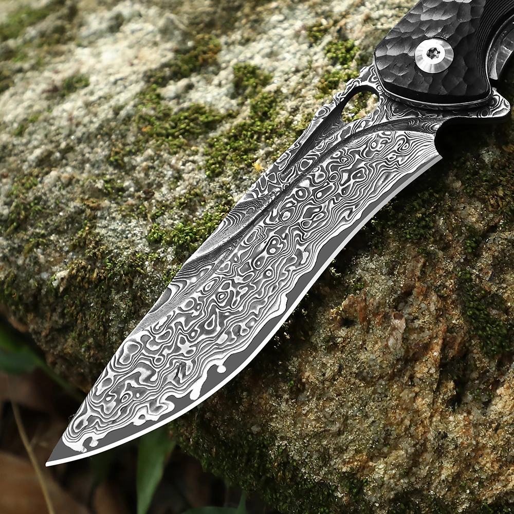 Ebony Damascus Folding Knife VG10 Hunting Damascus Pocket Knife For Men With Clip EDC Outdoor Camping Knife, As Gift