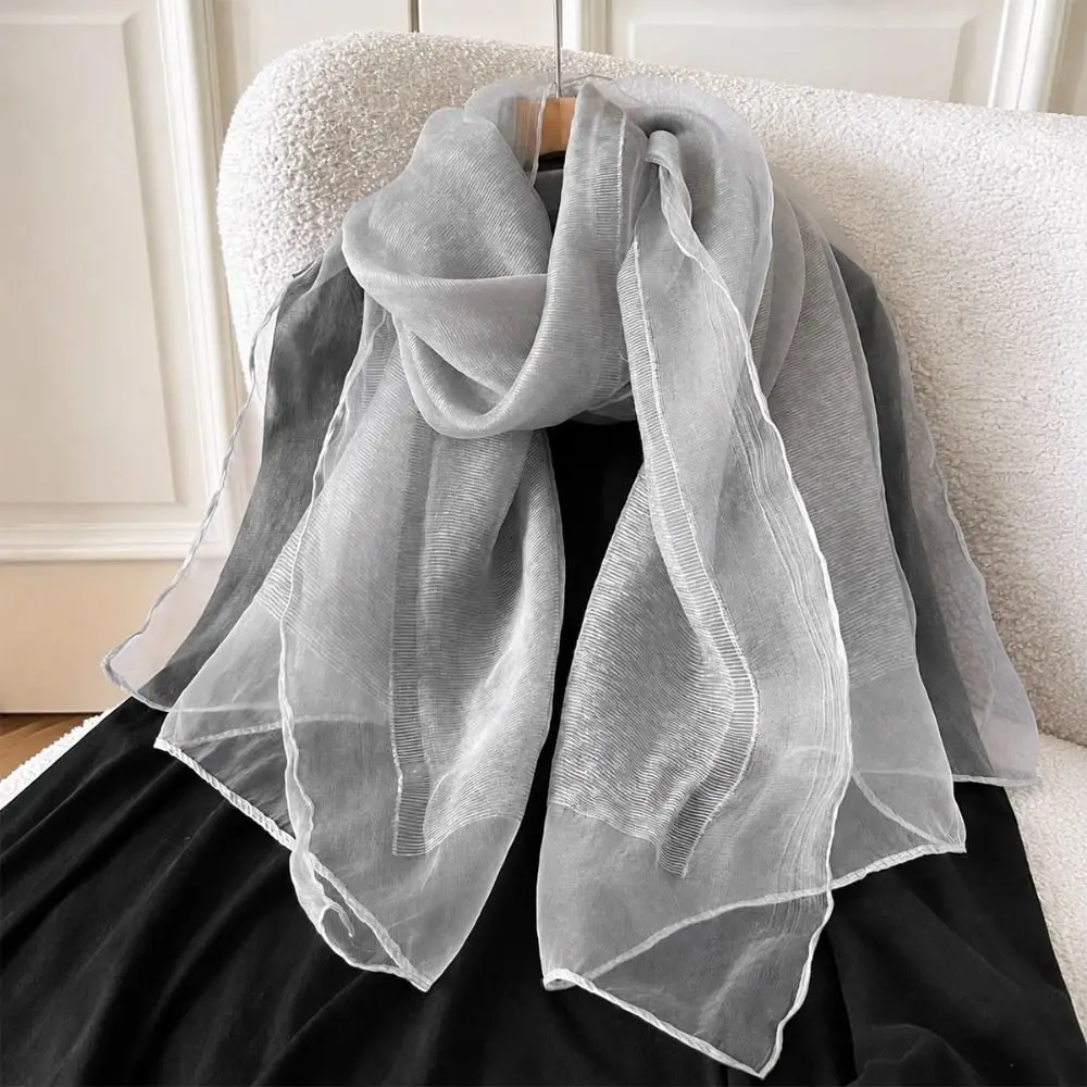 Eleganter, einfarbiger Seidenschal, langer, dünner, warmer Schal, doppellagiger Organza-Wickelschal für Damen – Detail 5