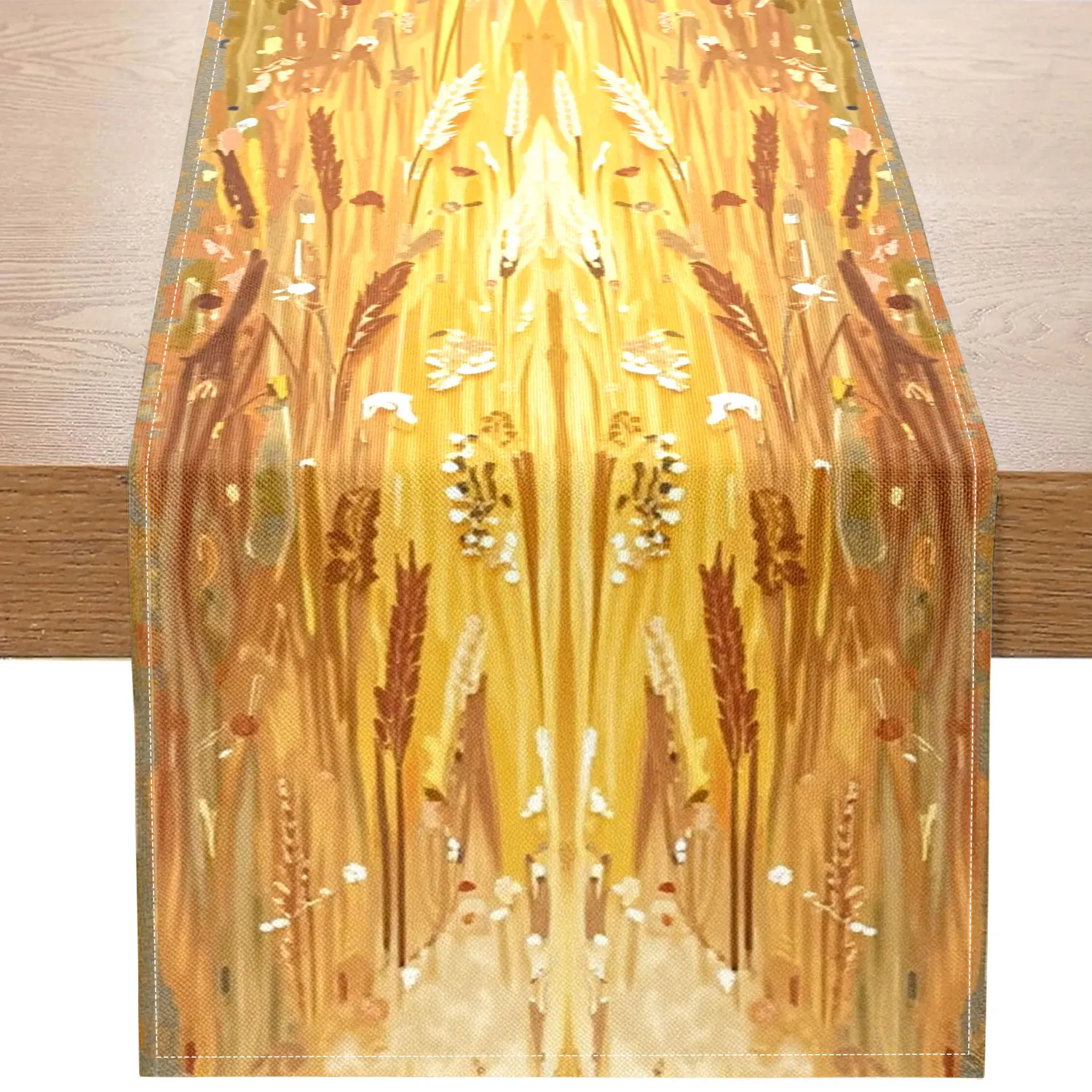 

Цельная дорожка для стола с тимьяном урожая, украшенная золотыми пшеничными ушками, цветами и небольшими украшениями, подходит для дома в пасторальном стиле, вечеринок на фестивале урожая и т. д.