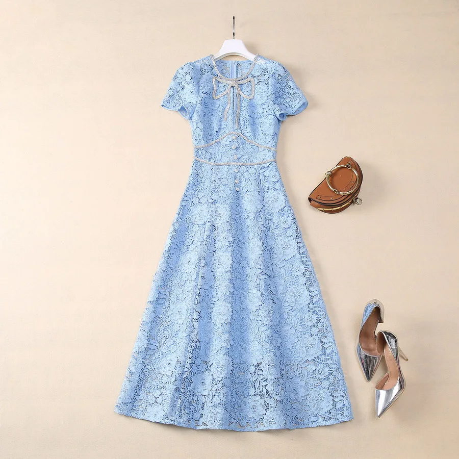 Europe and the United States women's 2024 summer new Round neck Short sleeve blue white nail diamond lace fashion Dress XXL