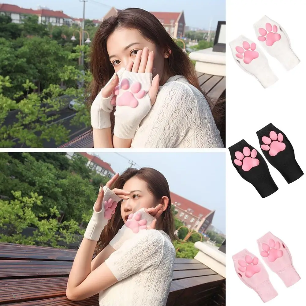 Soft Cute Cat Paw Mittens Gloves 3D Toes Beans Silicone Fingerless Mittens Cashmere Pink Warm Knitting Gloves Womens