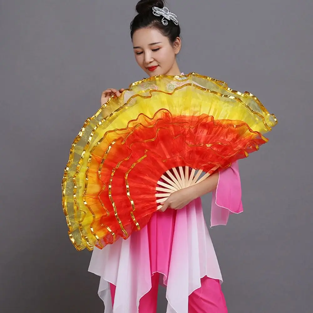 Chinese Short Bellydance Fan Half Circle Silk Veil Pairs Yangko Dance Bamboo Fans Hand Dye Adults Hot Sell