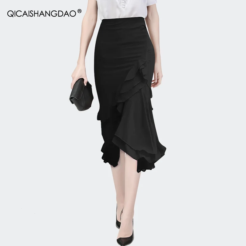 Fashion Elegant Ruffles Chiffon Mermaid Skirt Women' Summer New High Waist Mid-length Wrapped Skirts