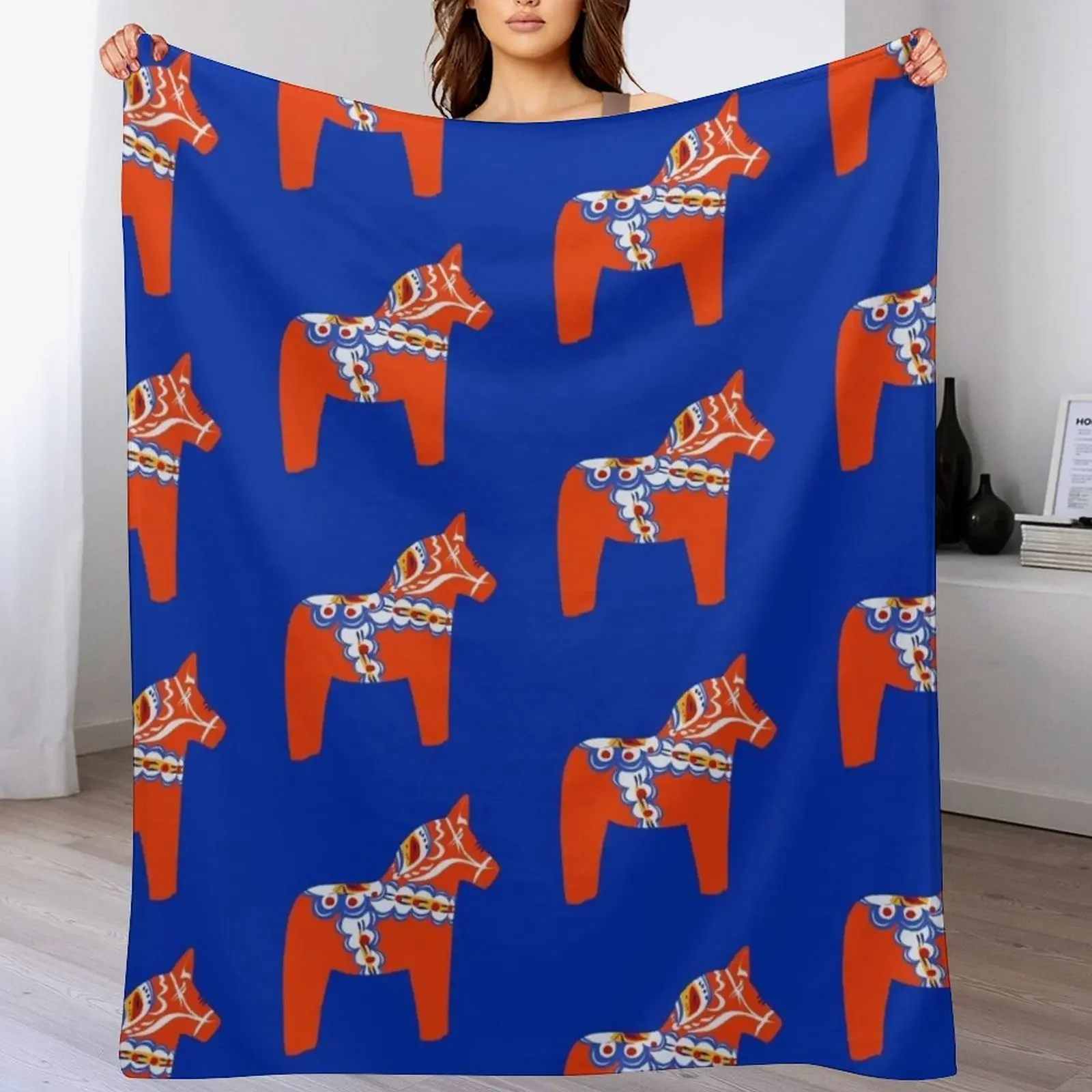 

Red Swedish dala horse Throw Blanket Summer Beddings Heavy Hairys Retros Blankets