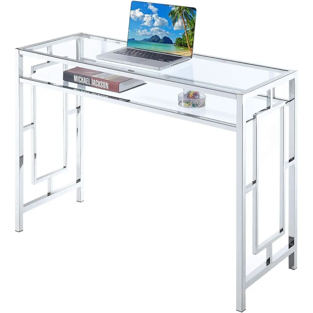 현대적인 모던 오피스 책상, 유리 선반, 콘솔 테이블 및 크롬 마감의 화려한 화장대