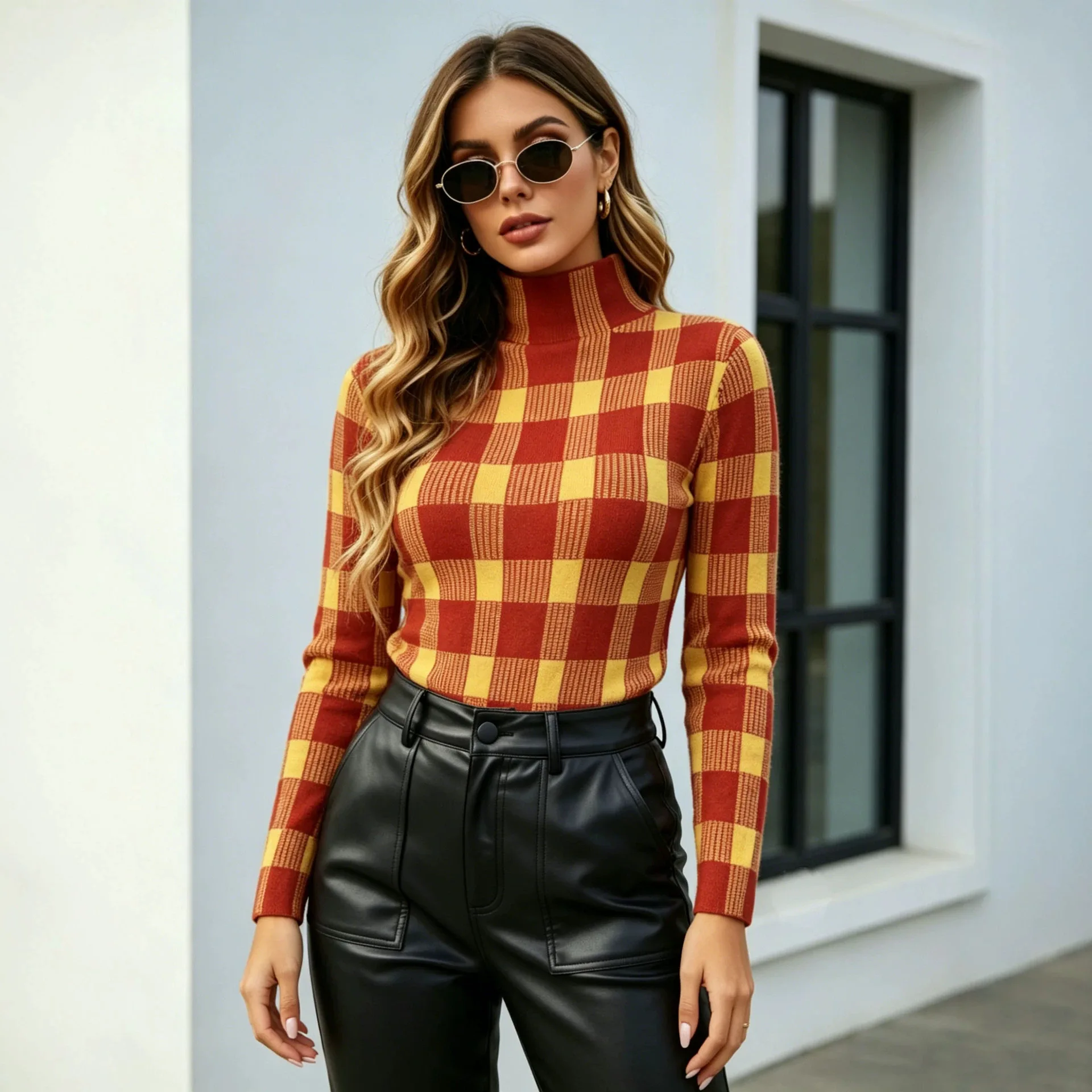 Pleated Plaid Printed Me Pleats Series Half High Neck Short Sleeve Long Sleeve T-shirt Women's Thin Pullover Top Women