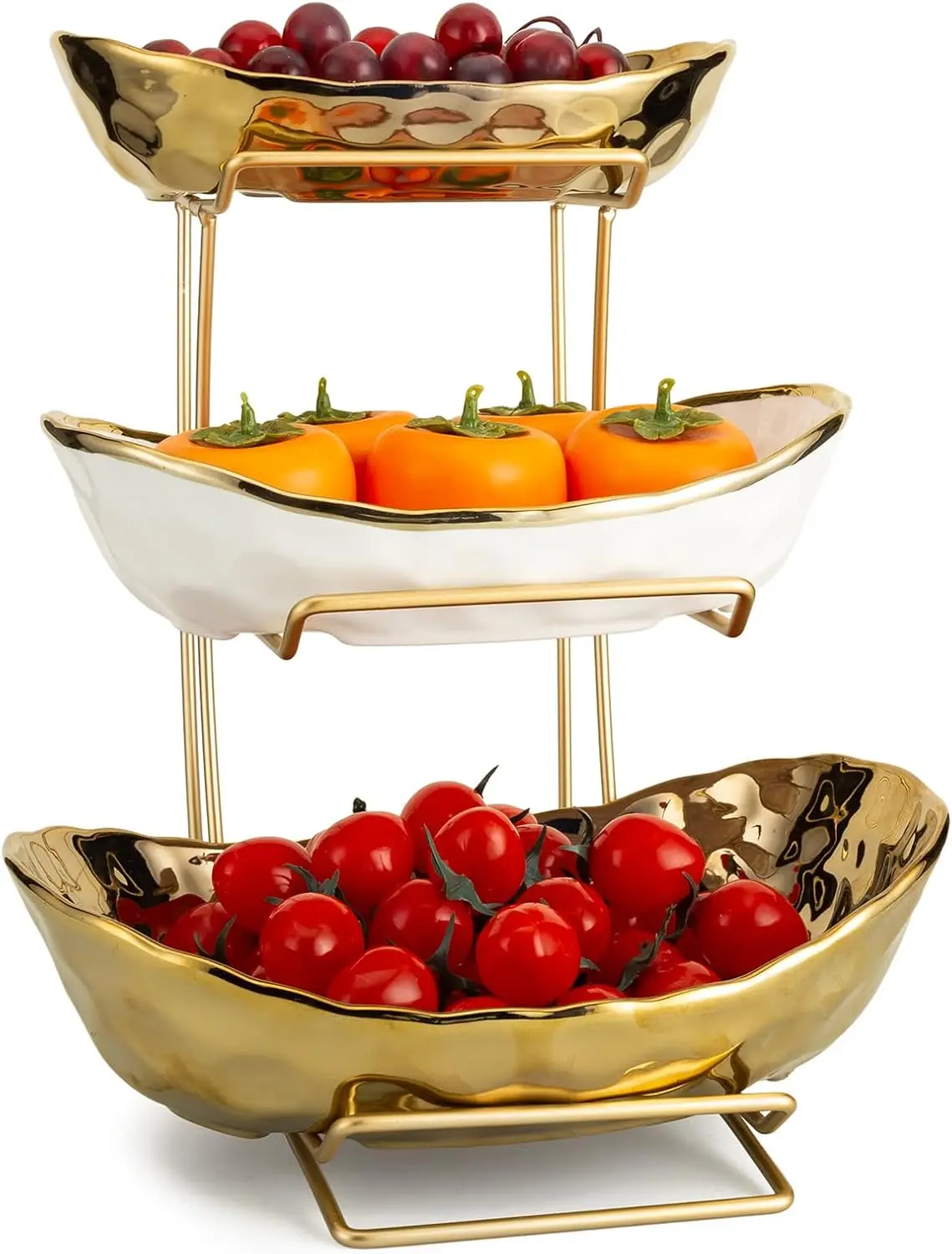 

3 Tier Fruit Bowl for Kitchen Counter, White Gold Ceramic Fruit Stand for Countertop, Home Fruit Rack with Holder, Veget