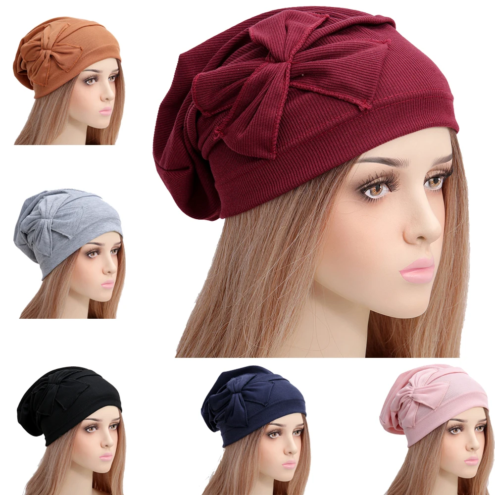 

Fashion Women Headscarf Hat Undercap Big Bow Bonnet Instant Hijabs Solid Color Ladies Muslim Turban Head Wrap Cap Islamic Turban