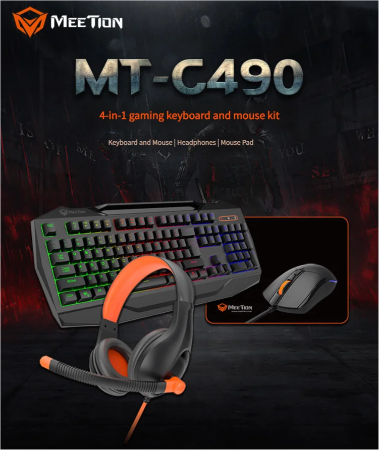Meetion Mishen C490 игровая клавиатура, гарнитура, коврик для мыши, набор «четыре в одном», светящийся арабский дизайн для киберспорта
