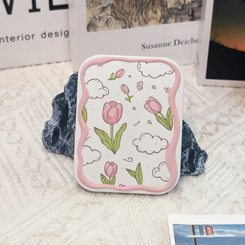 Floral Flip-Top Folding Makeup Mirror – Portable Rectangle Cosmetic Mirror with Built-in Comb for Women