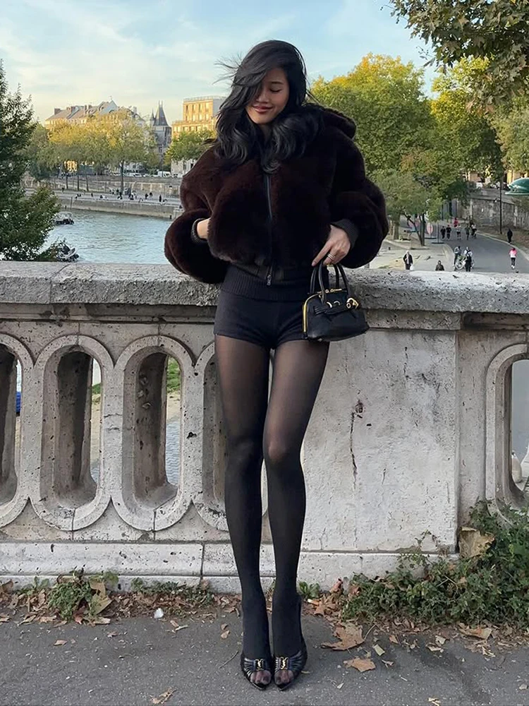 

Cutenew Furs Luxury Zip Elegant Crop Coat Women Warm Winter Classic Hooded Patchwork Full Sleeve Fashion Hipster Streetwear