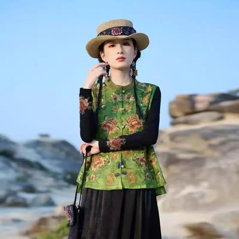 2025 New Chinese Style National Ethnic Women's Machine Embroidery Retro Waistcoat Vest Top