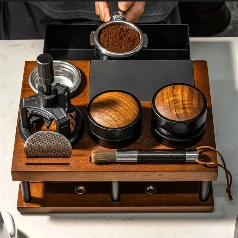 51-58mm Coffee Tamper Station Stand with Knock Box Wooden Coffee Organizer Box for Portafilter Tamper Distributor &Puck Screen