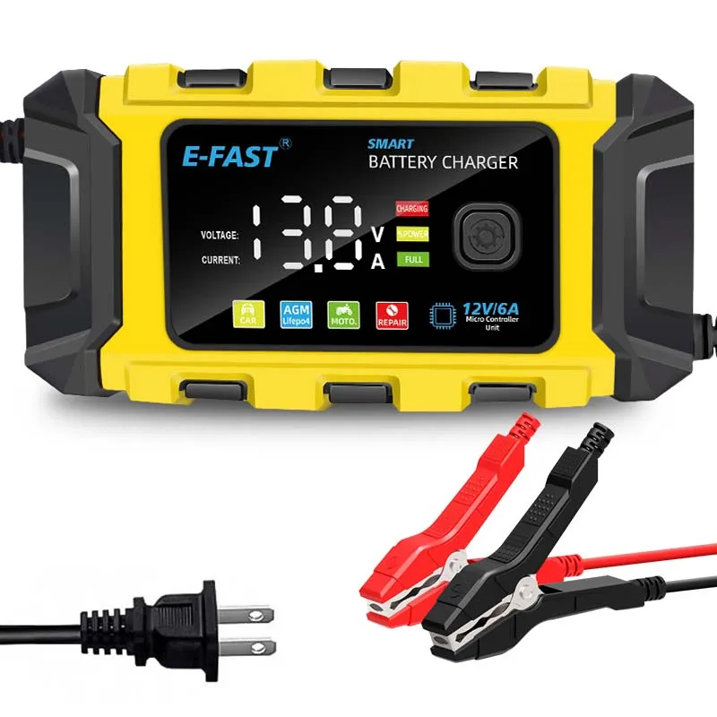 

Интеллектуальное зарядное устройство для грузовика и мотоцикла, 12 В, 6 А, свинцово-кислотное литий-железо, автомобильный аккумулятор, импульсный ремонт, цифровой ЖК-дисплей
