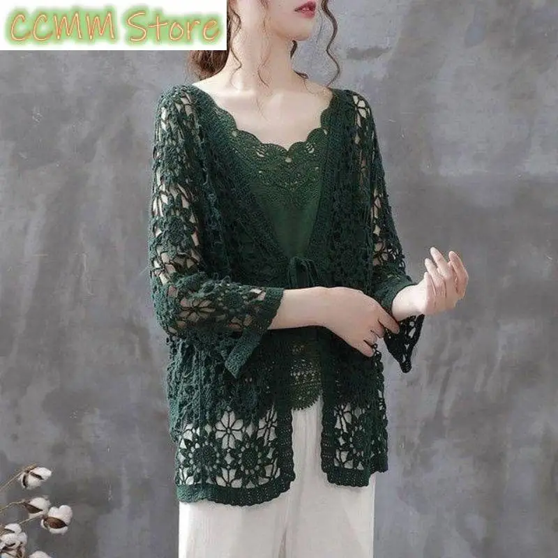 

Fashion Solid Color Knitted Spliced Bandage Hollow Out Shirt Women's Clothing Spring New Casual Tops Loose Commute Blouse