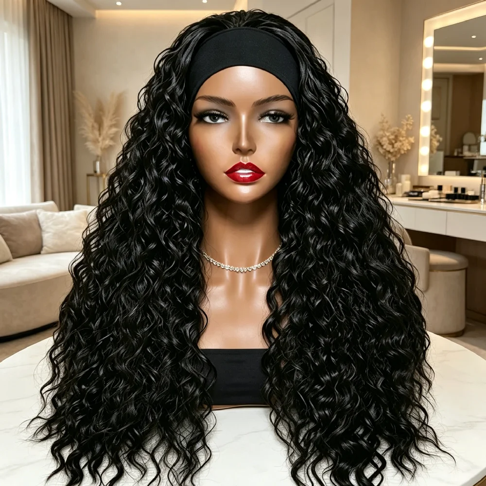 32 Inch Headband Human Hair Water Wave Wig 250% Density Remy Human Hair Wig Brazilian Human Hair Ready To Wear Machine Made Wig