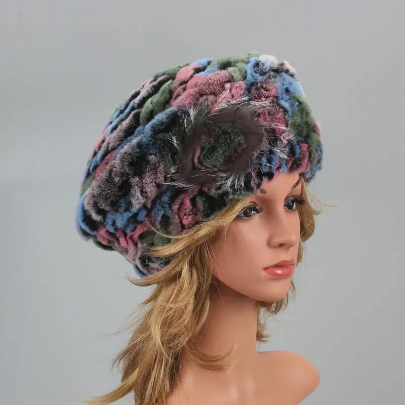 Berets for women Genuine Rabbit Fur Hat Winter Causal Warm Knitted Cap For Girls Female Fashion Outdoor Large Ladies Volume Hats