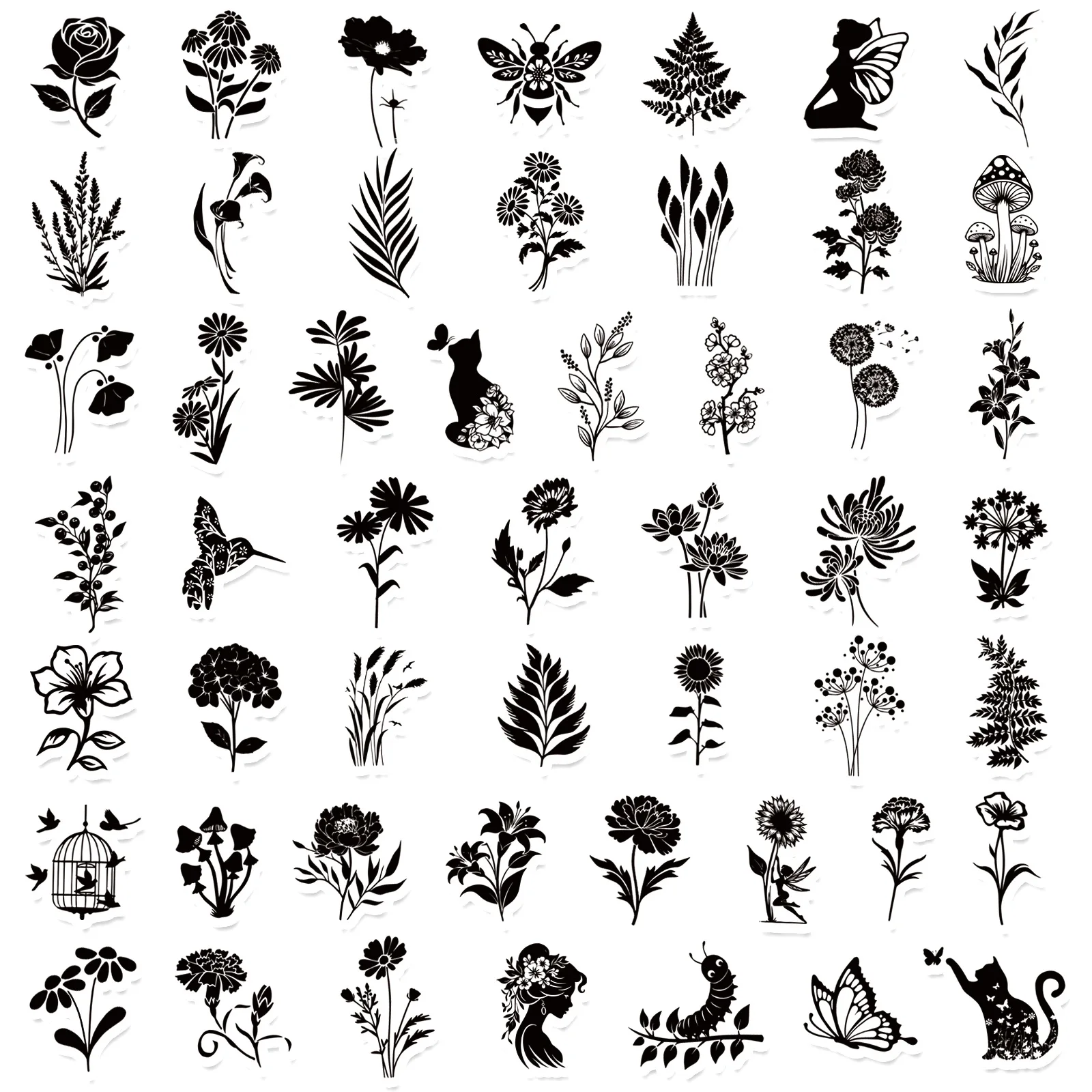 50Pcs Kawaii Black Plant PVC Waterproof Sticky Sticker Aesthetic DIY Decoration Scrapbooking Hand Accounting Supplies