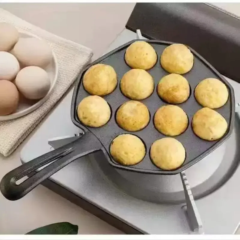 Cast Iron Non-Stick Egg Pan (Uncoated), Takoyaki Pan for Grilling Meatballs, Takoyaki Machine Mold