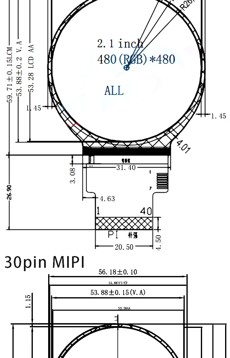 2.1 Inch 480x480 Round Circle HDMI-compatible to RGB MIPI IPS 40pins LCD Module Monitor Screen USB Capacitive Touch Panel Player