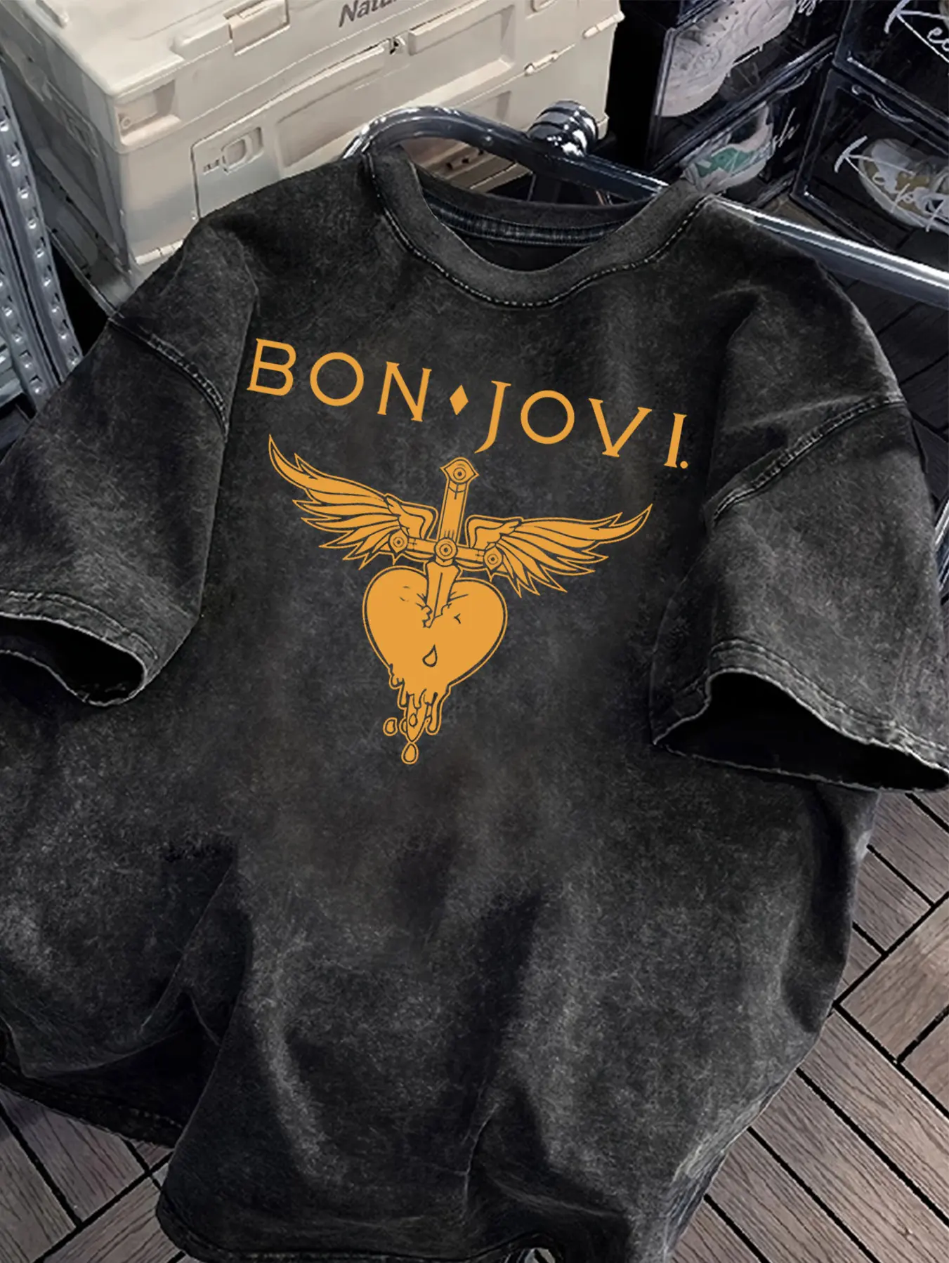 Camisetas lavadas con patrón de banda de Rock Vintage Bon Jovi, camisetas gráficas Y2k para mujer, ropa de moda para mujer