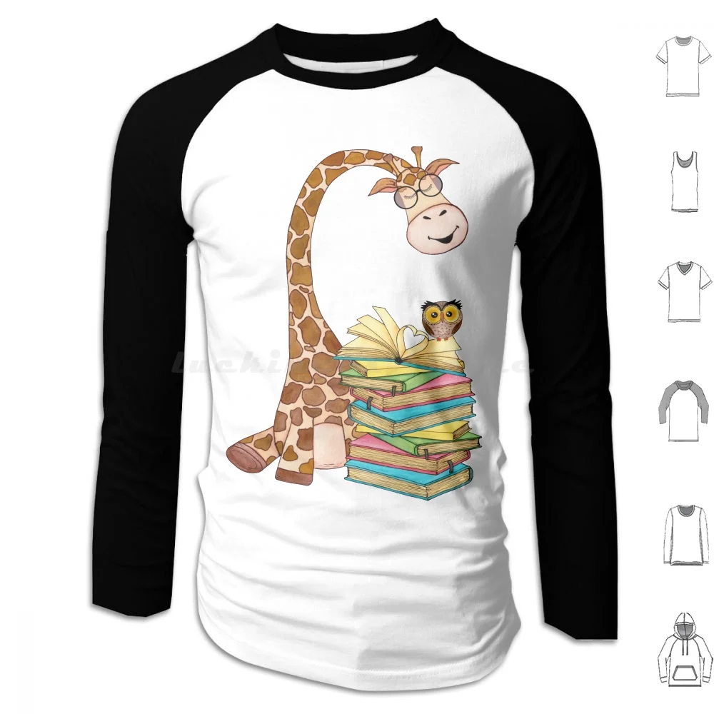 Cute Giraffe With Books And Baby Owl Hoodie cotton Long Sleeve Always American Among Amount Analysis And Animal