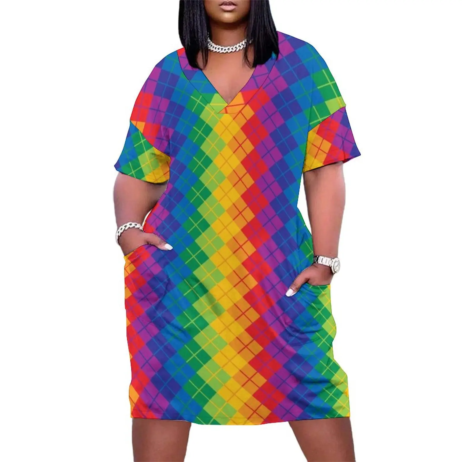 Rainbow Argyle Loose Pocket Dress elegant party dress for women 2025 elegant evening dresses for women 2025