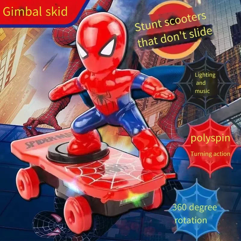 Novo homem aranha rotação automática flip skate carro acústico-óptico música elétrica brinquedo dublê scooters presente de natal anime