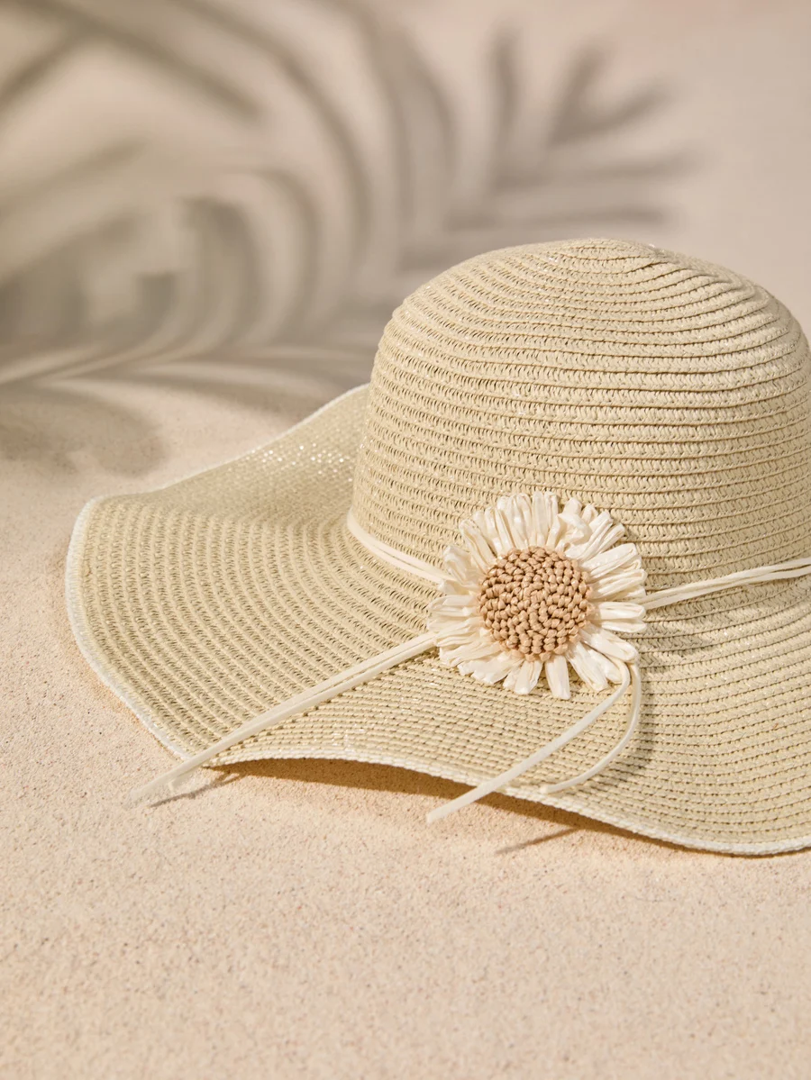 

Women Boho Straw Sun Hat With Floral Decoration For Beach Summer Outfit