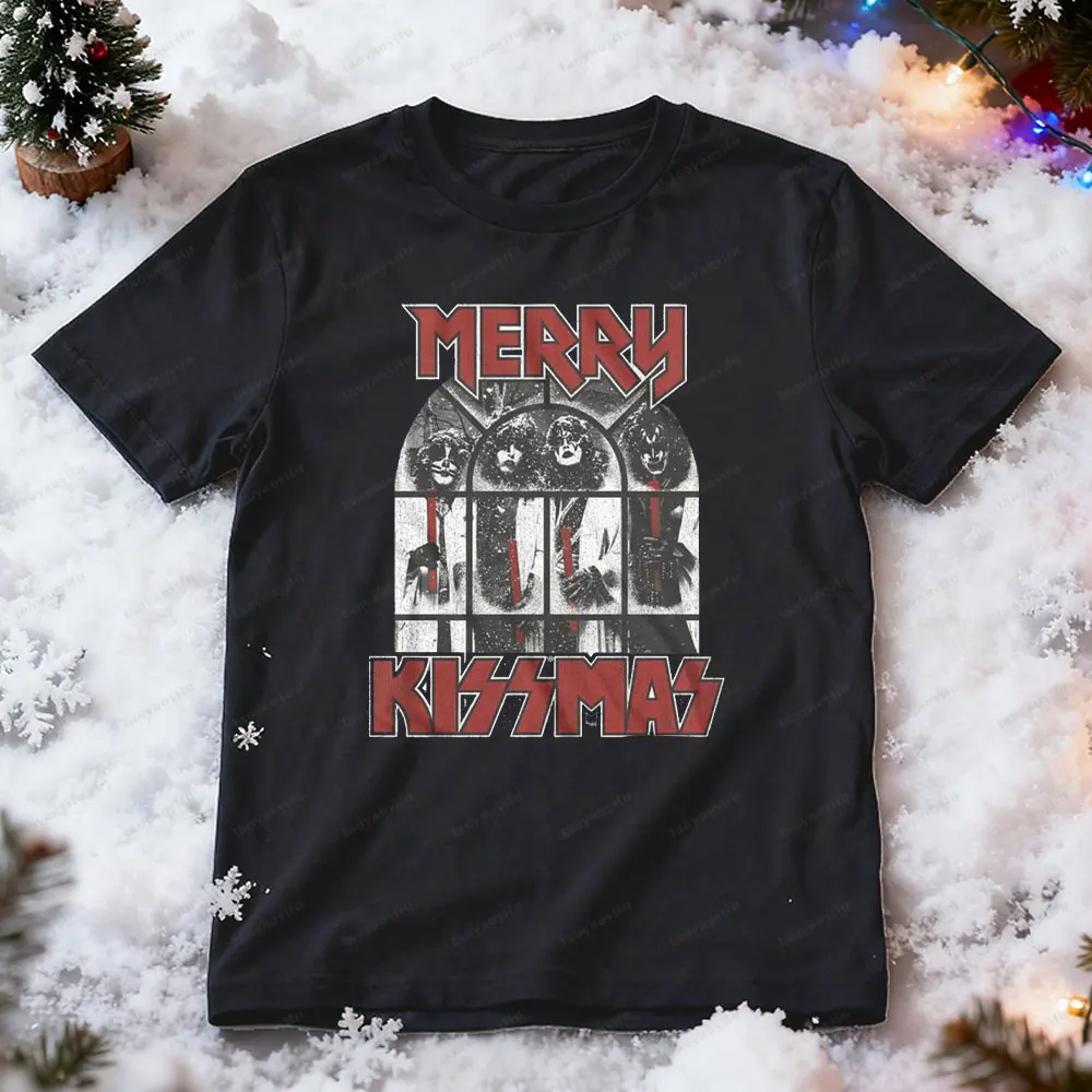 

Kiss Snowy Kissmas Smoke Рождественская мужская футболка с коротким рукавом, рубашка 2025 года, рок-музыка, унисекс, футболки с рисунком рокера, мужская одежда