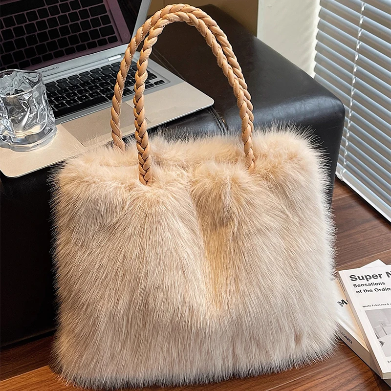 

Luxury Faux Fur Tote Bag Women Furry Handbag With Woven Handle Large Capacity Minimalist Shoulder Bag Winter Plush Shopping Bag