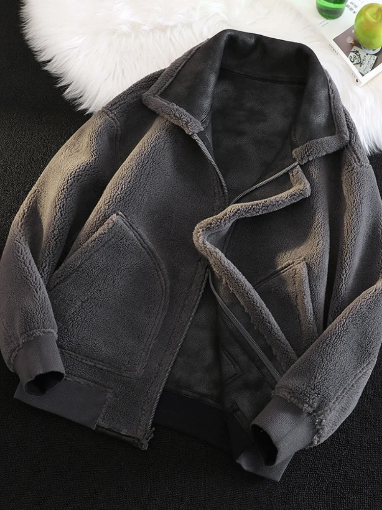 

Двусторонняя зимняя куртка из овечьей шерсти для мужчин, теплая, с интегрированной кожаной и меховой отделкой, свободного кроя, на хлопковом пуху, молодежная, модная