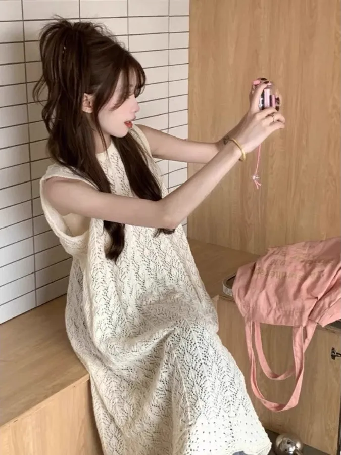 

Ele Unique Knitted Svel Vest Dr Women's Summer High-End Feeling Chic Split Skirt Regular Fit Single Piece