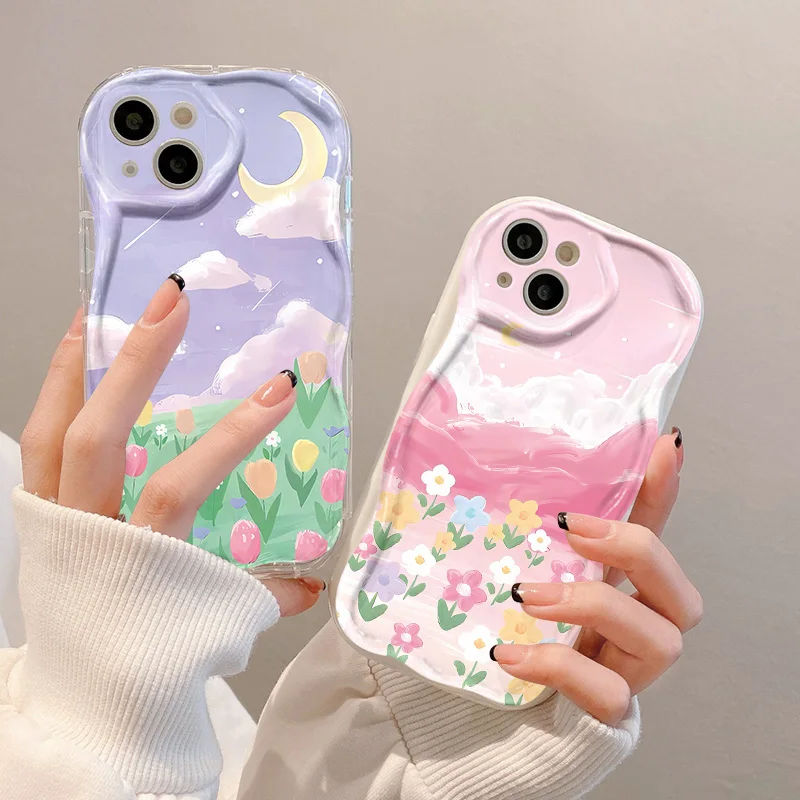 Öl Blume Malerei Fall für iPhone 15 12 11 14 13 Pro max x xr xs max 7 8 15 14 plus se 11Promax stoßfest gewellt TPU Funda