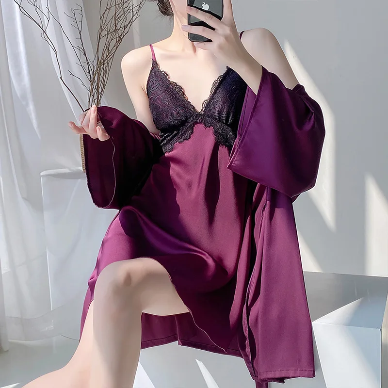 

Комплект из 2 предметов: женский халат и ночная сорочка из кружевного атласа, кимоно, домашняя одежда, летнее нижнее белье, комплект для сна