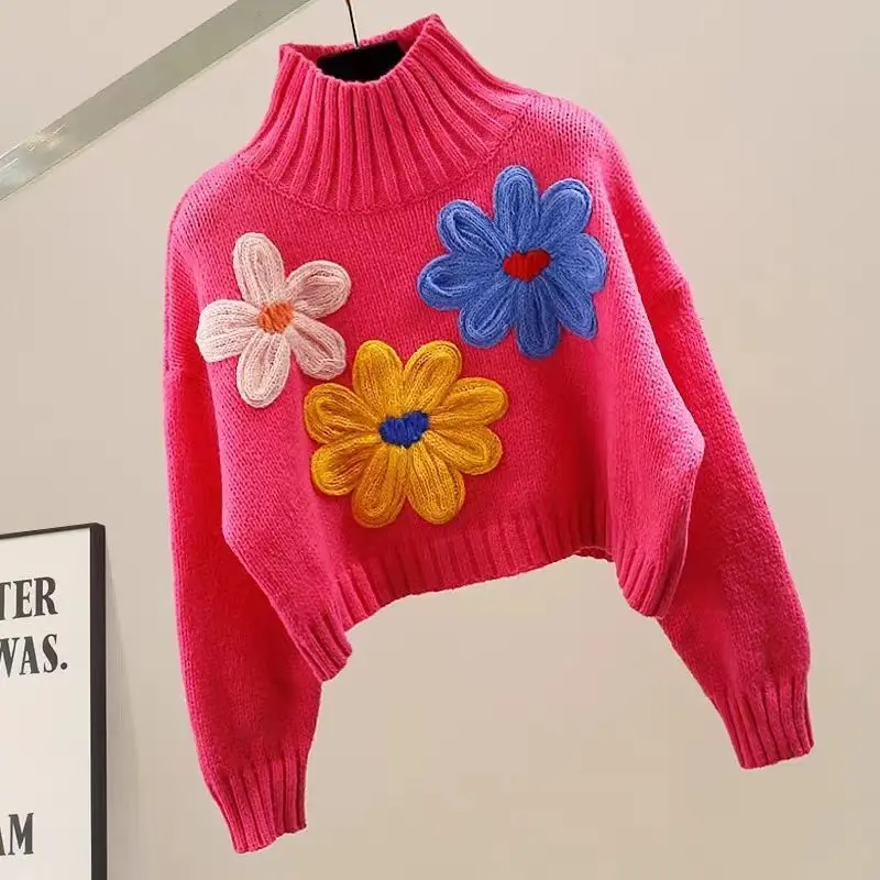 2024 Autumn New Internet Celebrity 3D Flower Knitted Sweater Women's Short Style High Collar Lazy Bottom Shirt for Outwear