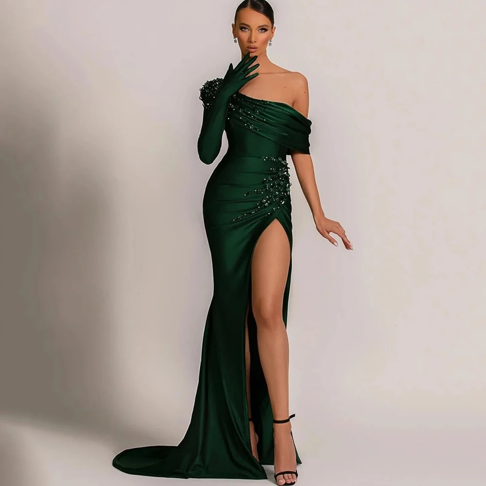 

Sexy High Slit Green Evening Dress Off the Shoulder Short Sleeves Mermaid Floor Length Women Pleat and Beading Banquet Gowns