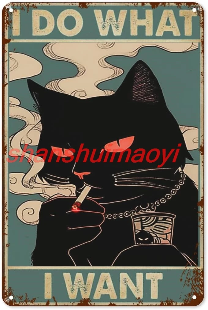 YSAUEGP Funny Black Cat Smoking Retro Metal Pin Up, Vintage Tin Sign Iron Sign Wall Art Plaque for Garage Bar Caffe Pub Cof SHUI