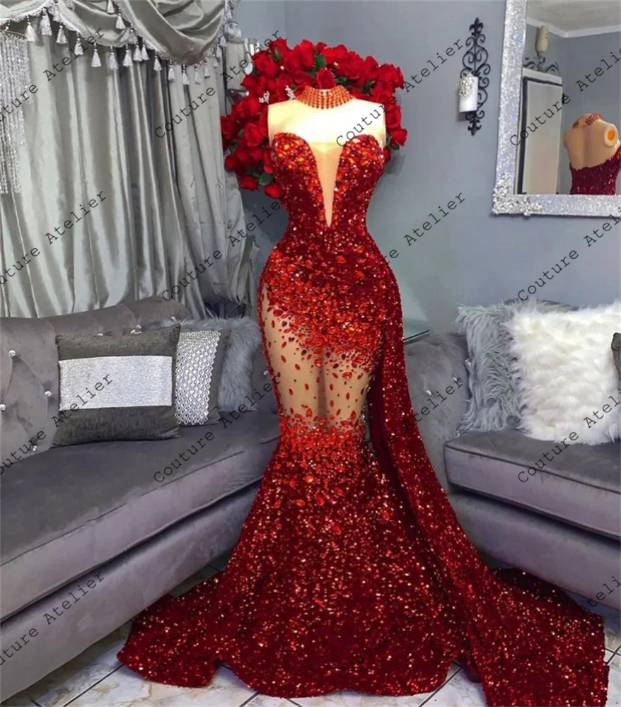 Sparkly Red Sequins Mermaid Prom Dresses 2024 For Black Girls Crystal Rhinestone Evening Dress Homecoming Luxury Customized