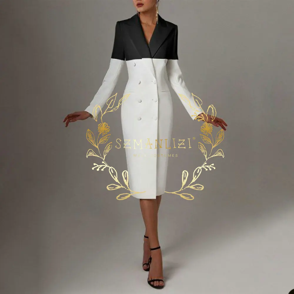 White And Black Double Breasted Women Suit Set Long Blazer 1 Pieces Wedding Tuxedos Party Prom Dress Ladies Outfits