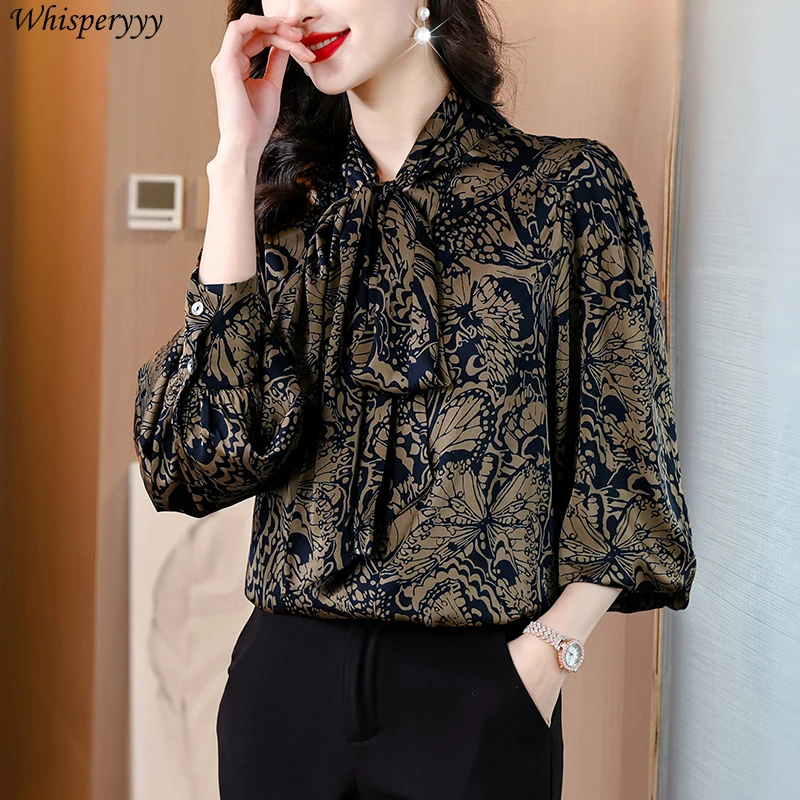 Elegant Pullover Shirt Women Clothes Spring New Loose Temperament Blouse Printed Tops Female Vintage Stand Collar Camisa Femme