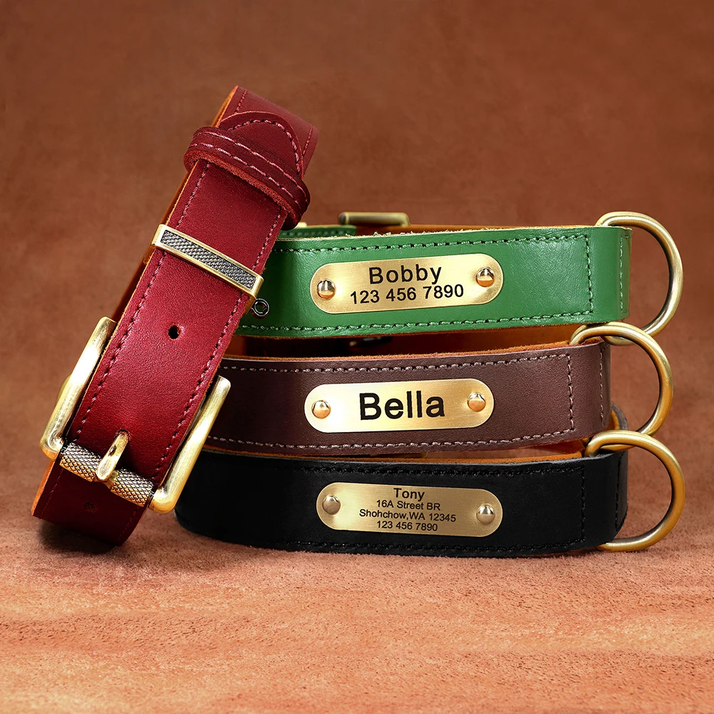 Personalized Real Leather Dog Collar Leash Durable Pet Dogs Collars Walking Lead Rope Free Engraved for Small Medium Large Dogs