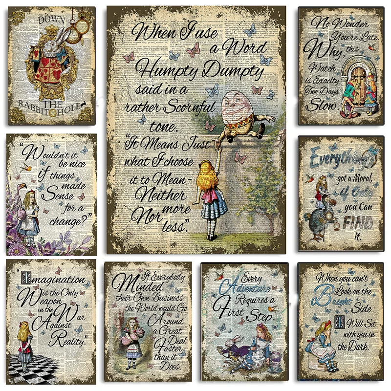 Vintage Alice in Wonderland Famous Fairy Tales Poster Wall Art Canvas Painting Prints Wall Pictures for Kids Room Nursery Decor