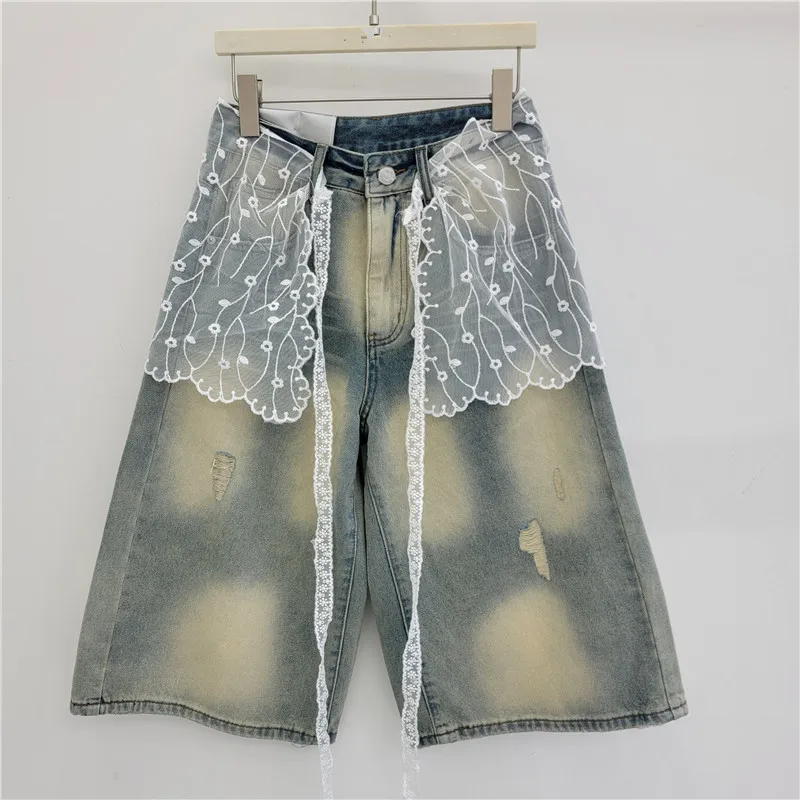 

Lace Matching Half Length Denim Shorts, Women's Summer 2026 New Arrival High Waist Straight-leg Medium Pants Outwear for Women
