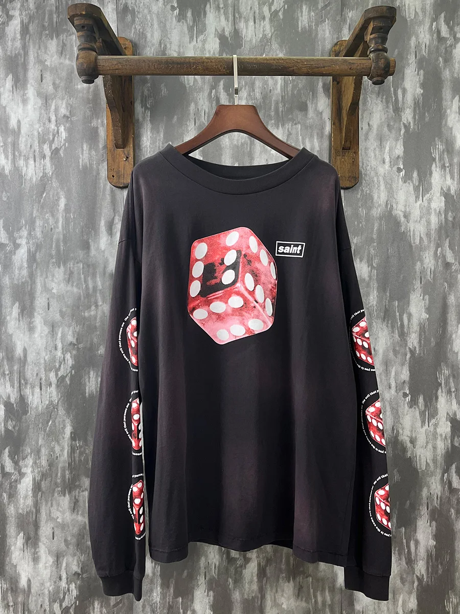 

Vintage Waed Dice Pattern Long Sve T-irt ex Casual Breathable Cotton Tee for Couples Summer Street Sle Faion