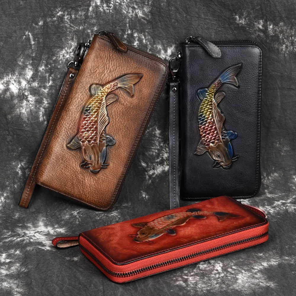 Vintage wallet, long zipper, genuine leather, vintage tree cream leather, cowhide, hand-held mobile phone storage wallet